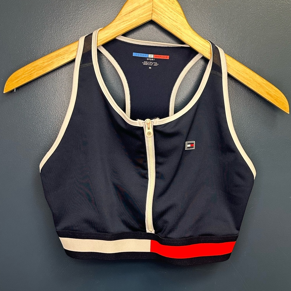 Tommy Hilfiger Navy Sports Zip-Front Bralette with Cream Trim and Red Stripe